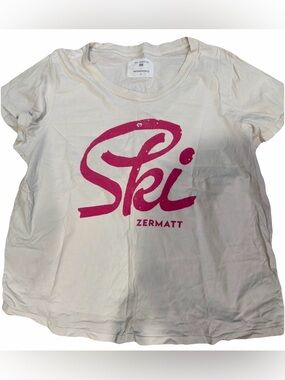 Anthropologie 1X XL Sol Angeles White Tee with Fuscia Pink 'Ski Zermatt' Graphic